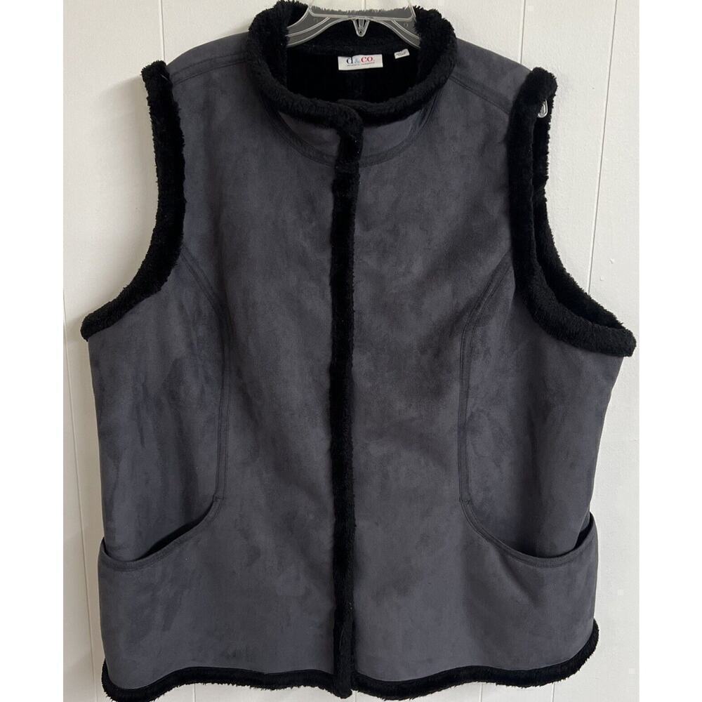 Denim Co D&Co Womens Plus 2X Vests Gray Black Sleeveless Microsuede Ladies Snaps